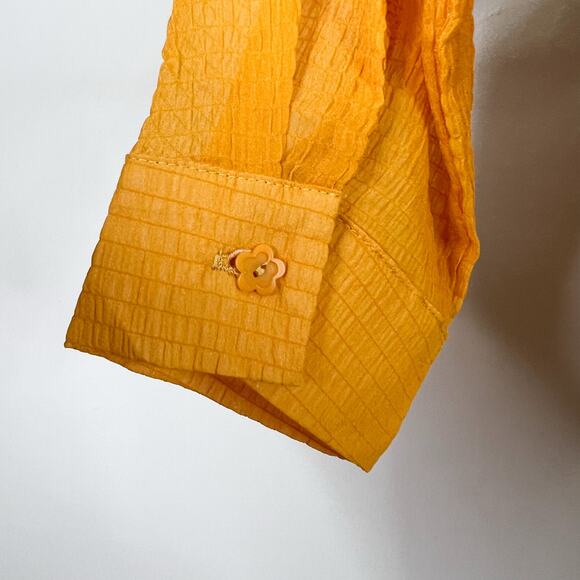 NEW Lisa Says Gah | Shirred Mustard Yellow Solid Sheer Flower Button Button Top - Picture 7 of 10